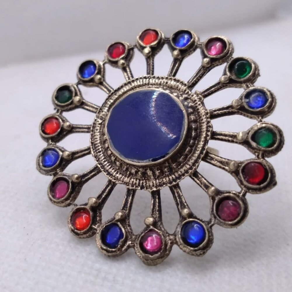 Afghan Ring, Massive Ring With Multicolor Glass S… - image 1